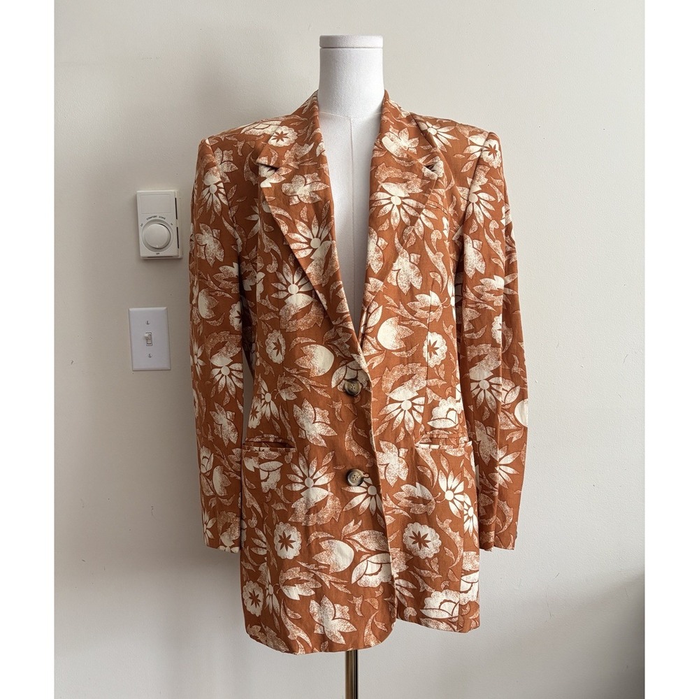August Silk Blazer Jacket Womens 10 Medium Orange Floral Silk Linen Office Boho